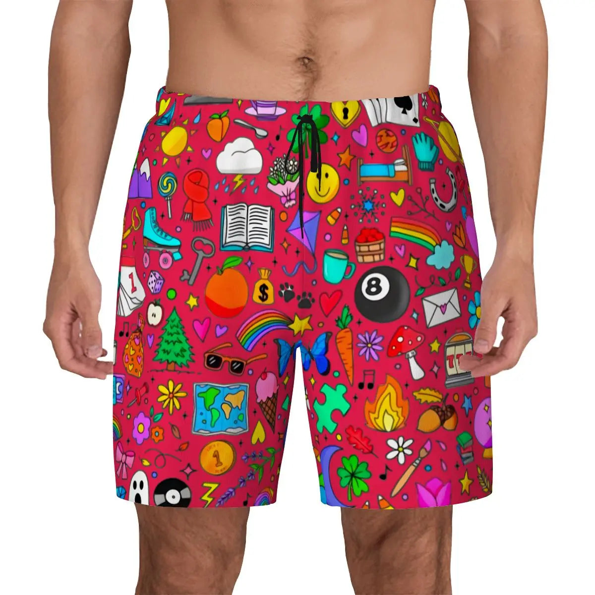 Mens Swim Trunks | Doodle Icons Swim Trunks (RED)