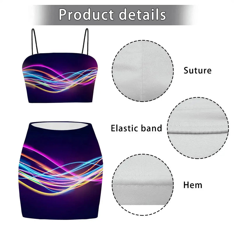 Women's Crop Tank Top & Mini Skirt Set | Electric Neon Wave TRIPPY