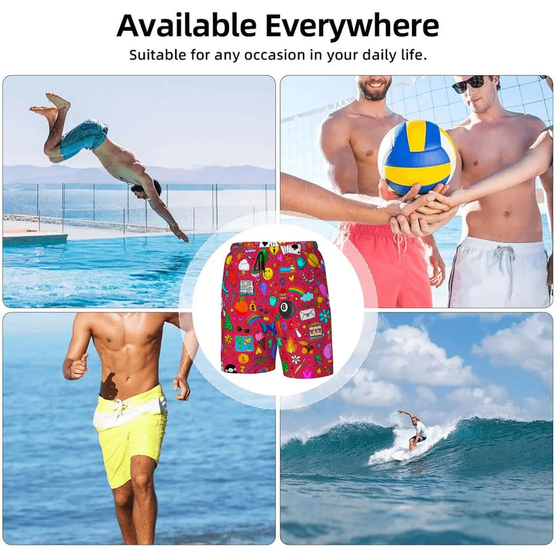 Mens Swim Trunks |  Doodle Icons Swim Trunks (RED)