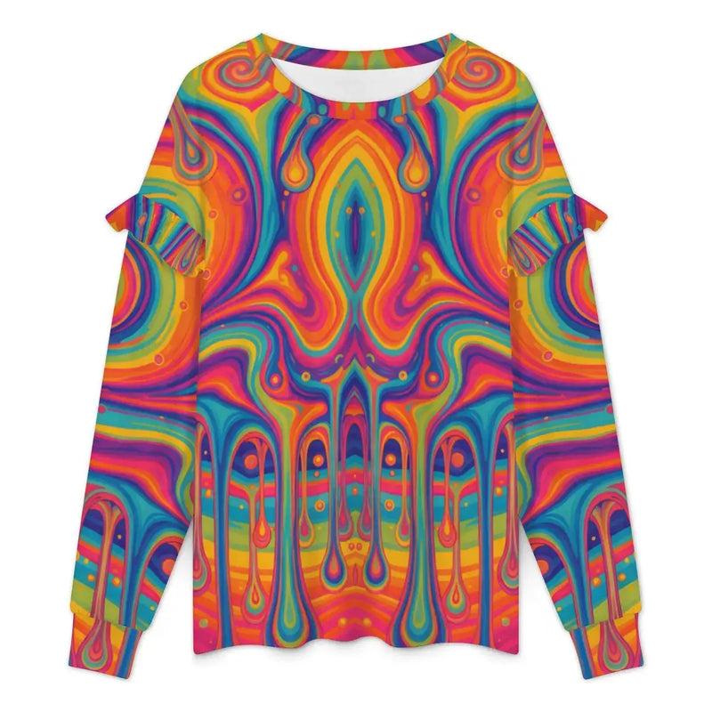 Women's Ruffled Shoulder Sweatshirt | Rainbow Drip TRIPPY