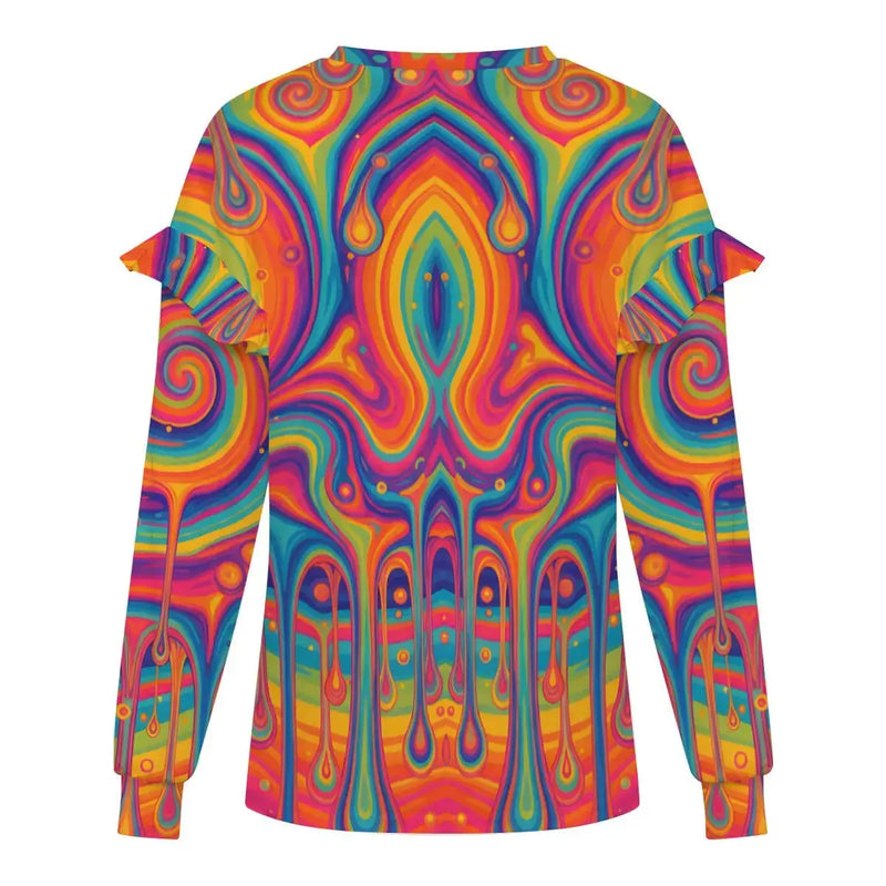Women's Ruffled Shoulder Sweatshirt | Rainbow Drip TRIPPY