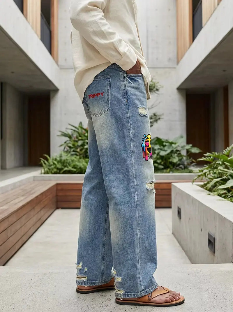 Unisex Distressed Denim Jeans | Psychedelic Emoji Distressed Streetwear