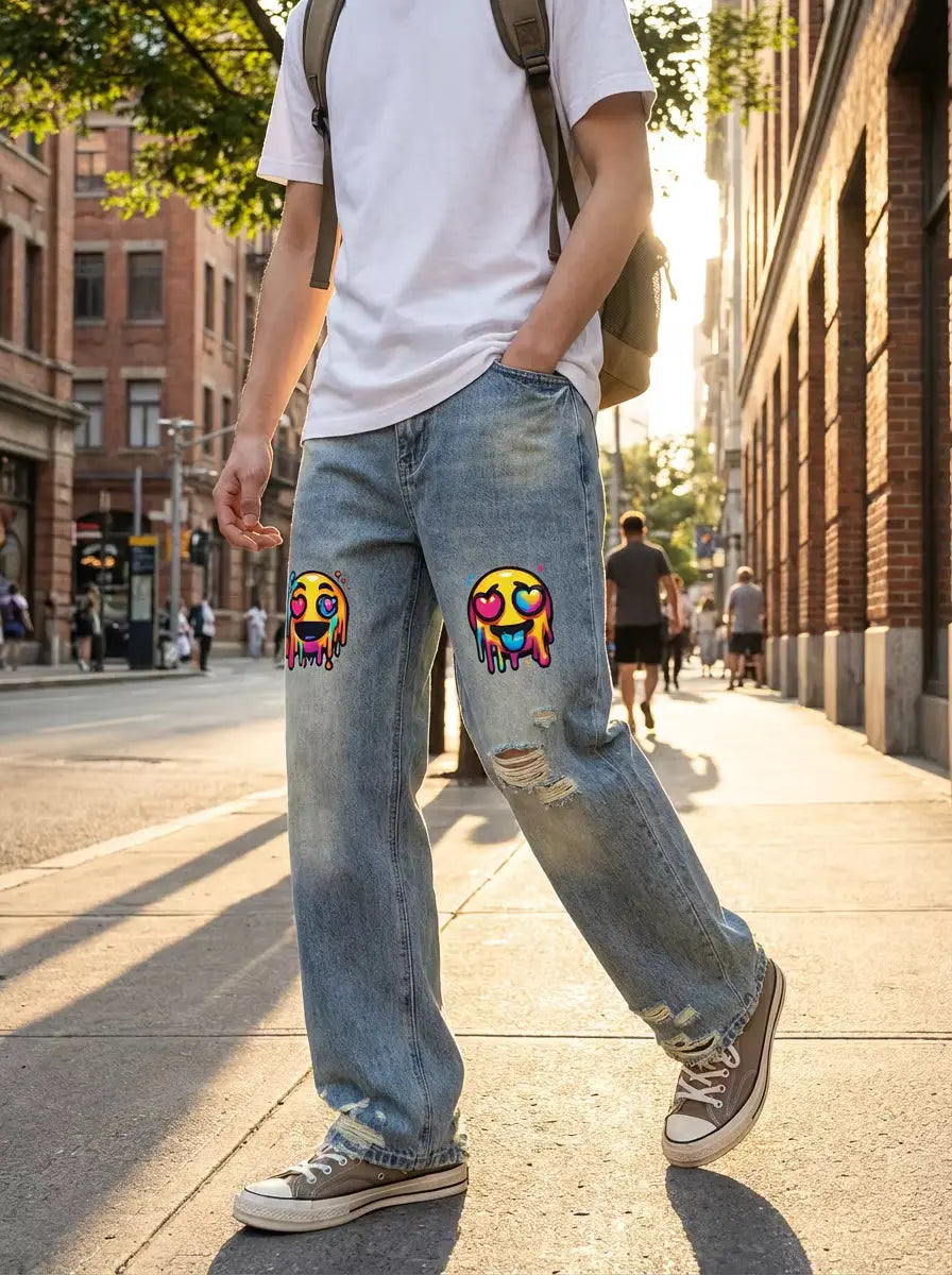 Unisex Distressed Denim Jeans | Psychedelic Emoji Distressed Streetwear