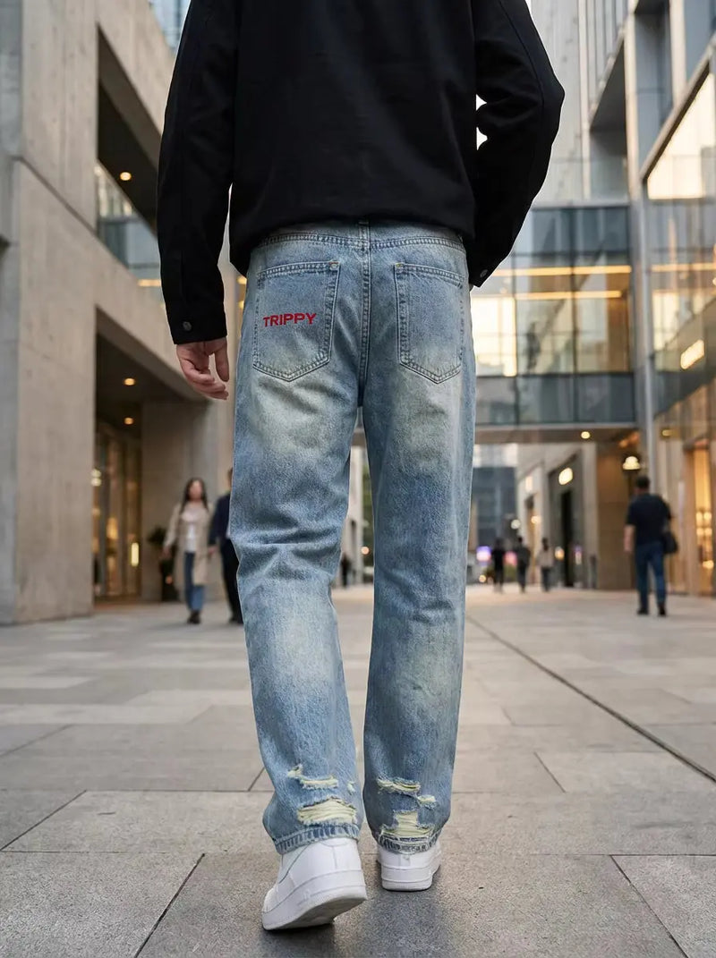 Unisex Distressed Denim Jeans | Psychedelic Emoji Distressed Streetwear