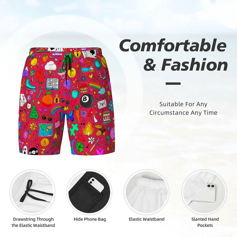 Mens Swim Trunks |  Doodle Icons Swim Trunks (RED)