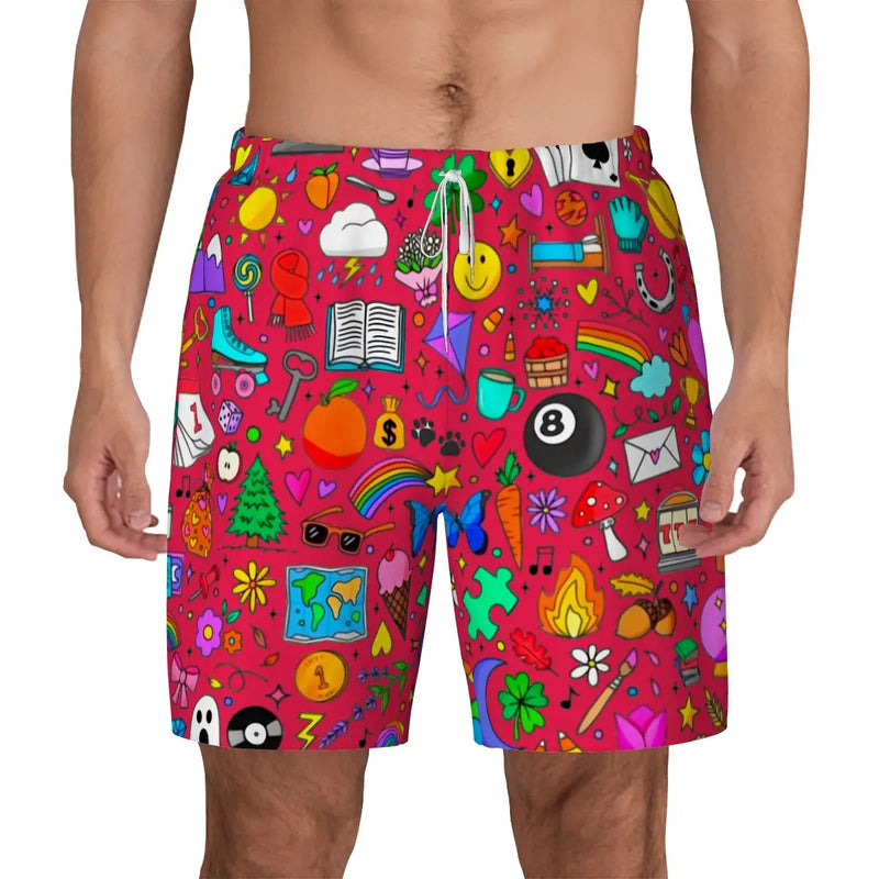 Mens Swim Trunks |  Doodle Icons Swim Trunks (RED)
