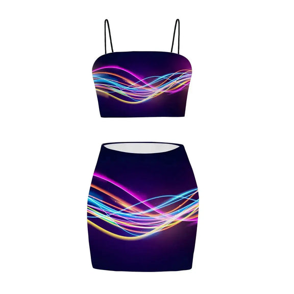 Women's Crop Tank Top & Mini Skirt Set | Electric Neon Wave TRIPPY