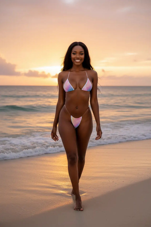 Dark skin model on shoreline