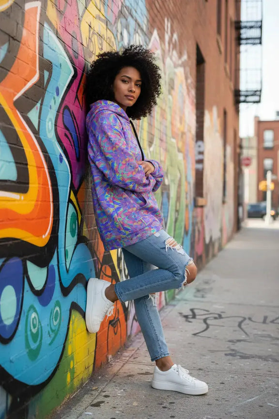 Different model wearing abstract rainbow hoodie against graffiti wall