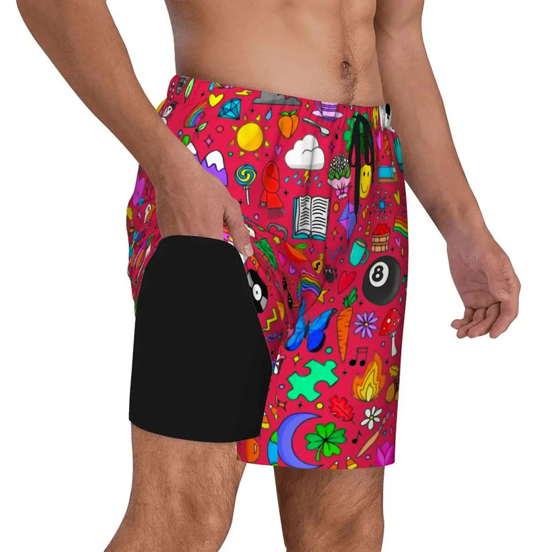 Mens Swim Trunks |  Doodle Icons Swim Trunks (RED)