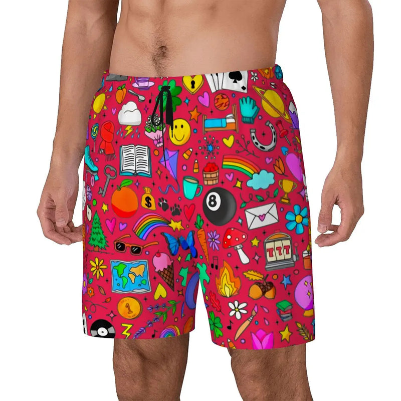 Mens Swim Trunks |  Doodle Icons Swim Trunks (RED)