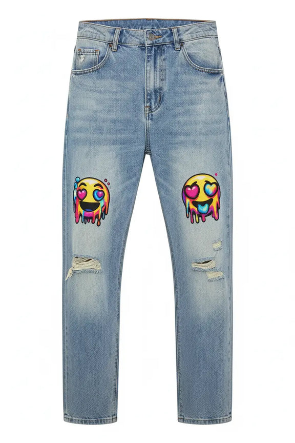 Front view - Psychedelic Emoji Distressed Denim Jeans