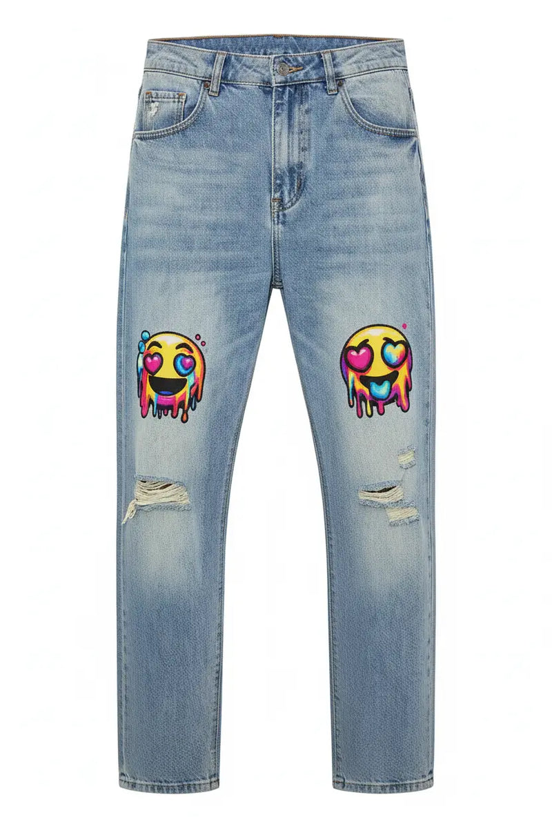 Front view - Psychedelic Emoji Distressed Denim Jeans
