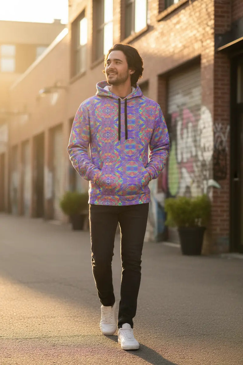 Man in abstract rainbow hoodie outdoors
