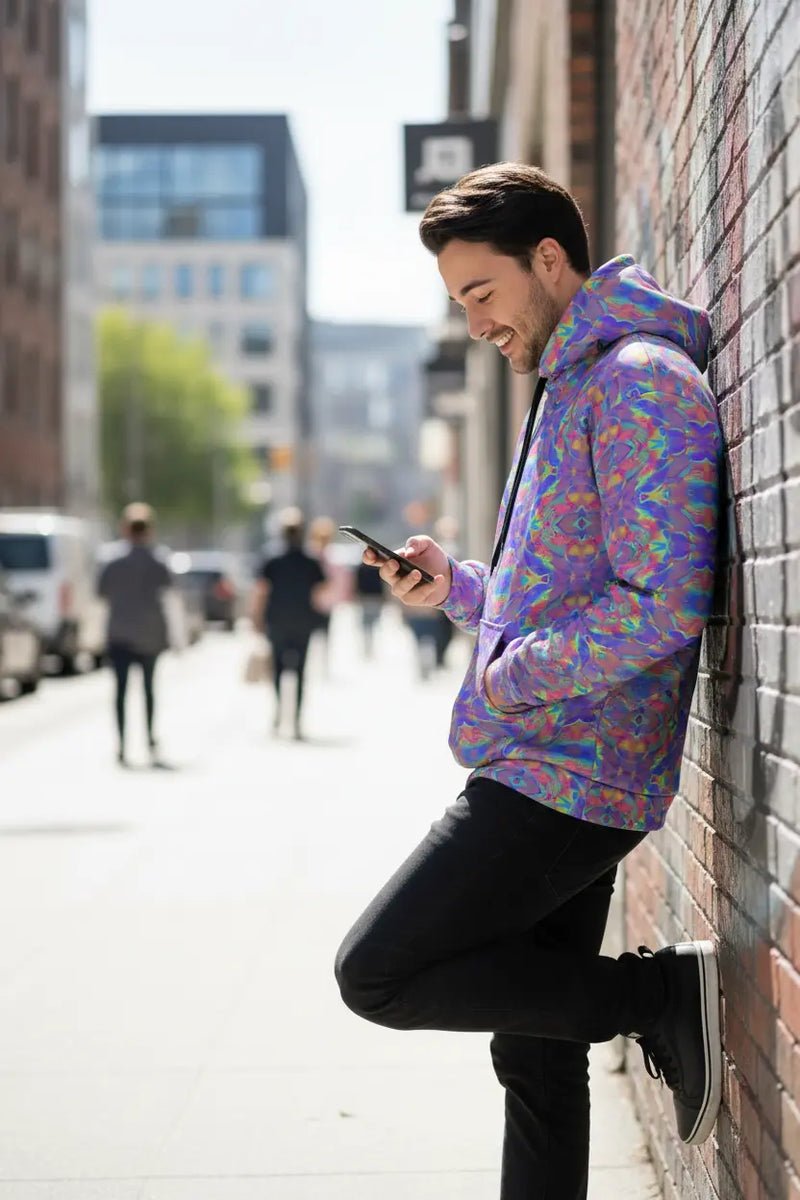 Man wearing abstract rainbow hoodie in urban setting