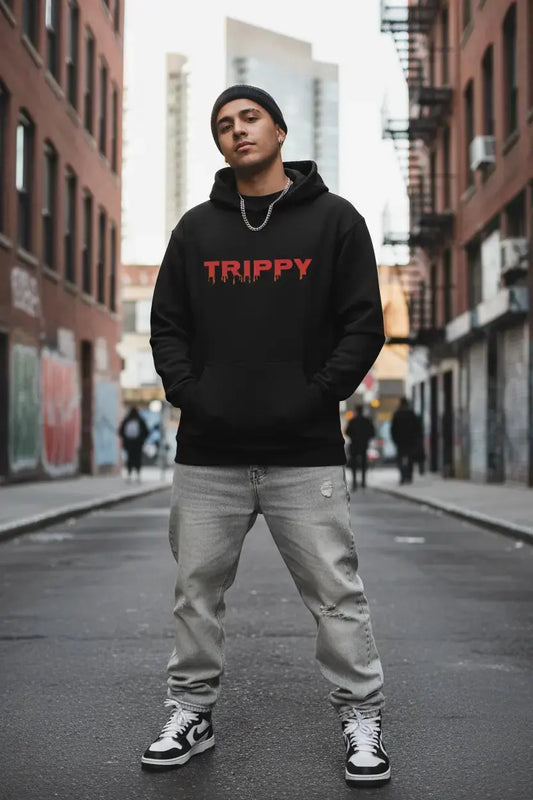 Person wearing TRIPPY hoodie with red dripping logo