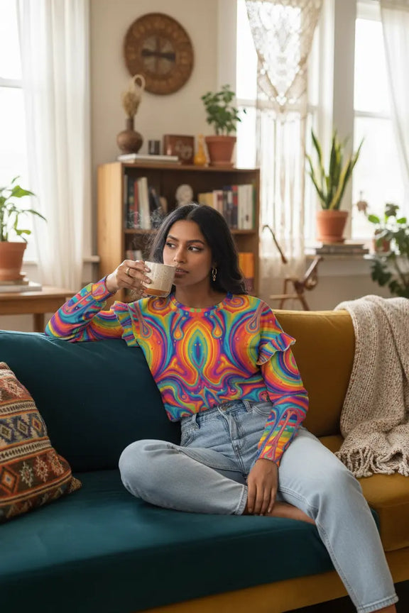 South Asian model in psychedelic sweatshirt